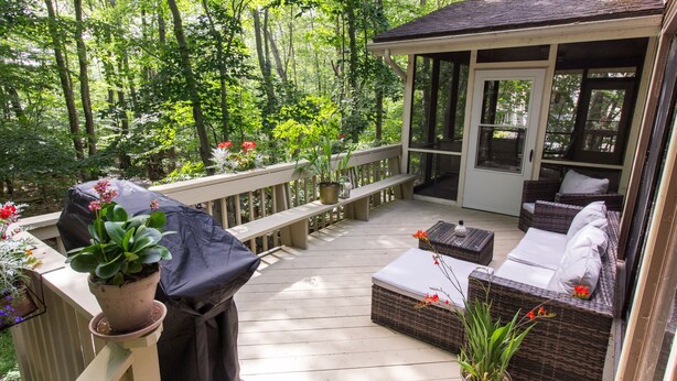 Une terrasse extérieure couverte, aménagée avec des meubles en osier, un barbecue et des plantes en pot.