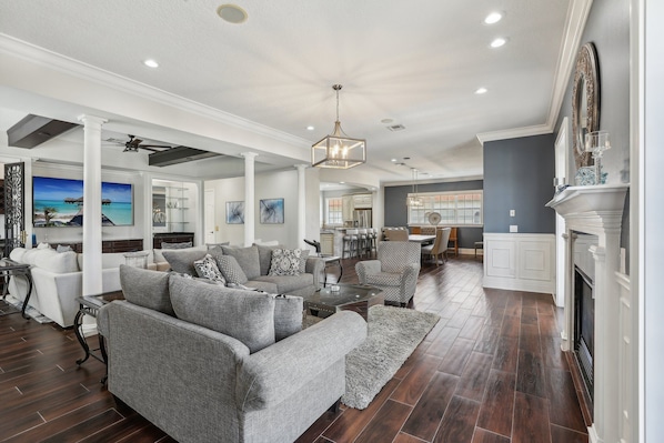 Smart TV, fireplace, video games, DVD player