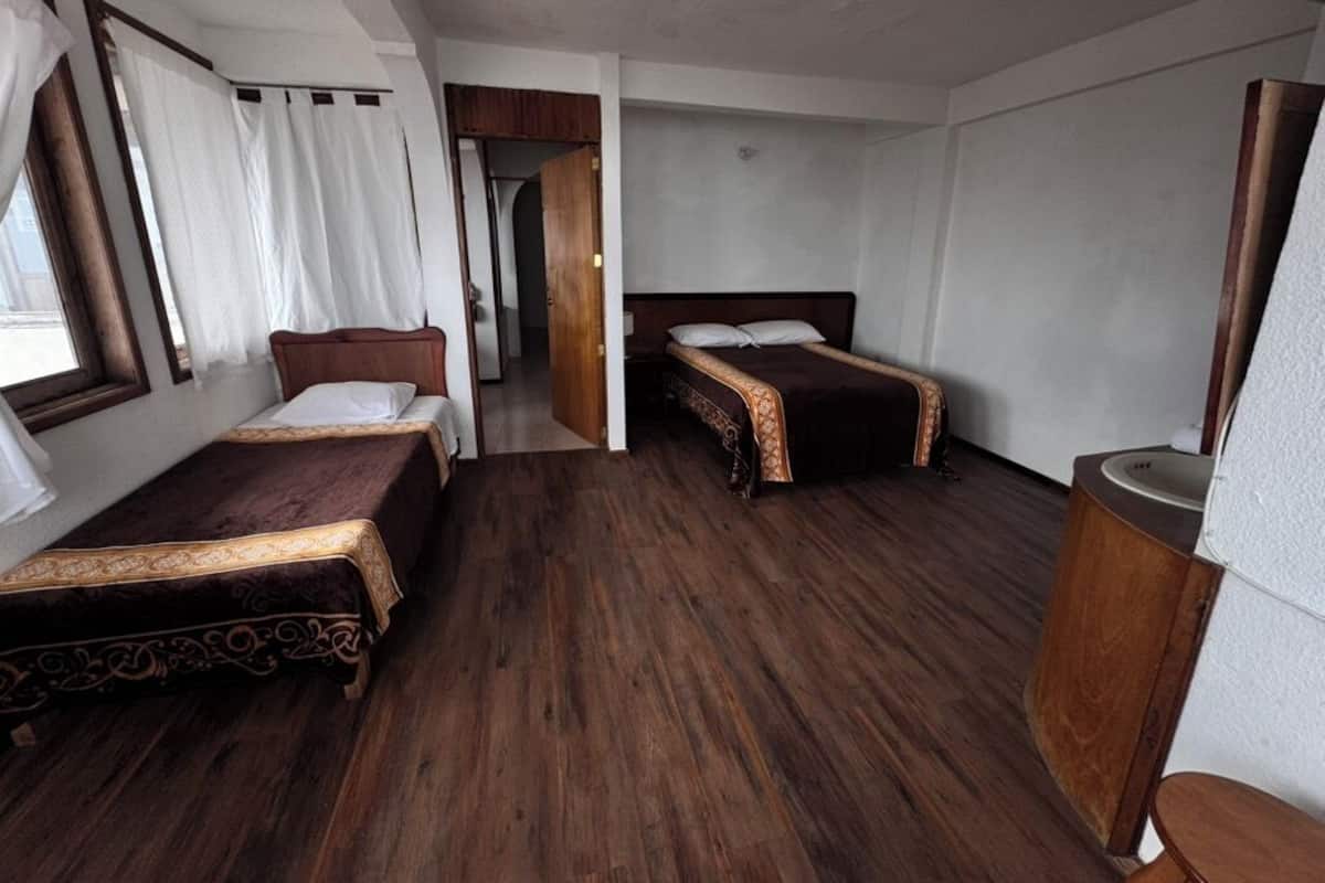 A hotel room with two beds, wooden flooring, a mirror, and a television.