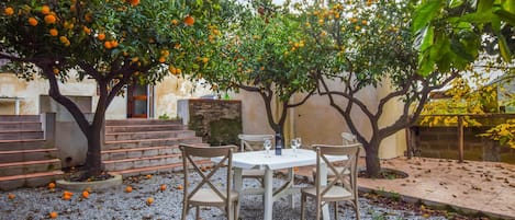 An outdoor seating area with a table and chairs, surrounded by trees bearing fruit.