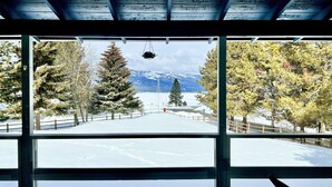 Vista a través de una ventana con marco de metal, suelo cubierto de nieve y árboles.
