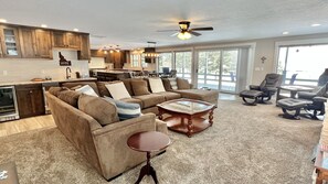 TV, fireplace, DVD player, foosball