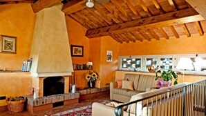 Una sala de estar con chimenea, un sofá, un televisor y un ventilador de techo.