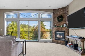 Smart TV, fireplace, video games, DVD player