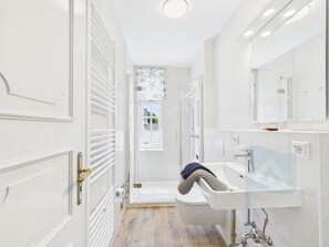 Shower, hair dryer, towels