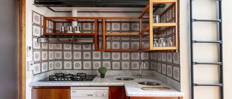 Microwave, oven, dishwasher, dining tables