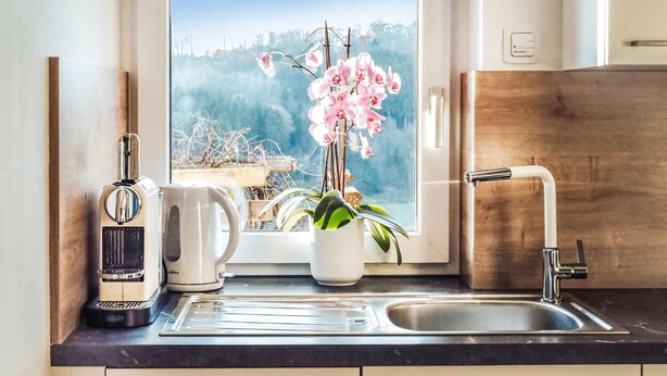 Eine Küche mit Spüle, einer Kaffeemaschine, einem Wasserkocher und einer Vase mit rosa Blumen.