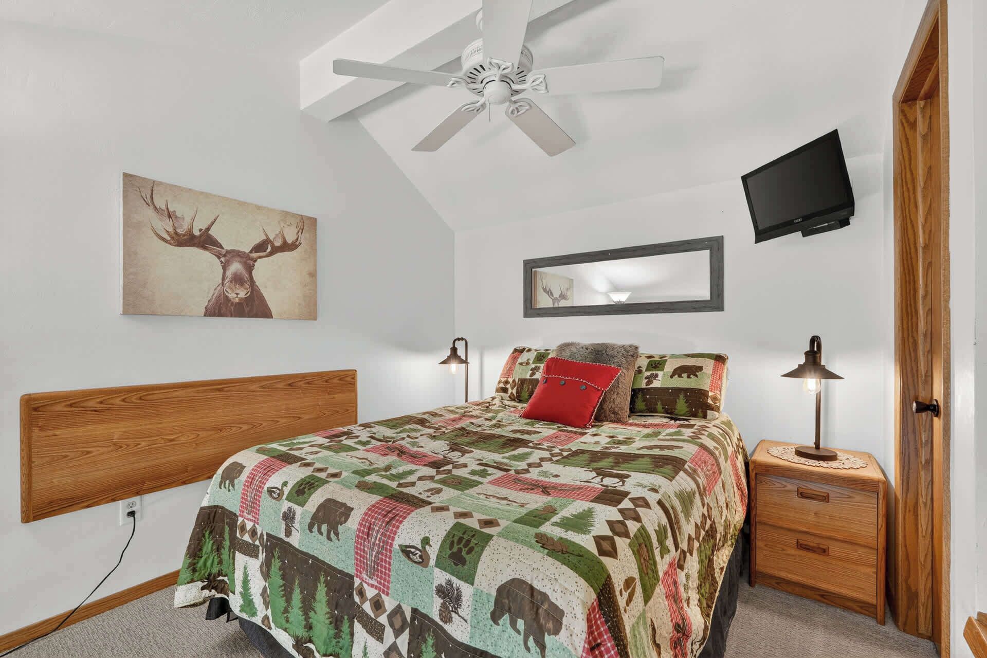 A bedroom with a bed, a ceiling fan, a TV, a bedside lamp, and a framed picture on the wall.