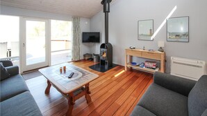 Una sala de estar con chimenea de leña, televisor y sofá.
