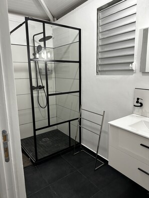 Shower, towels, soap, toilet paper