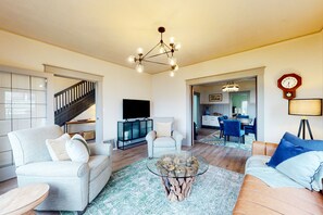 TV, fireplace, books, offices