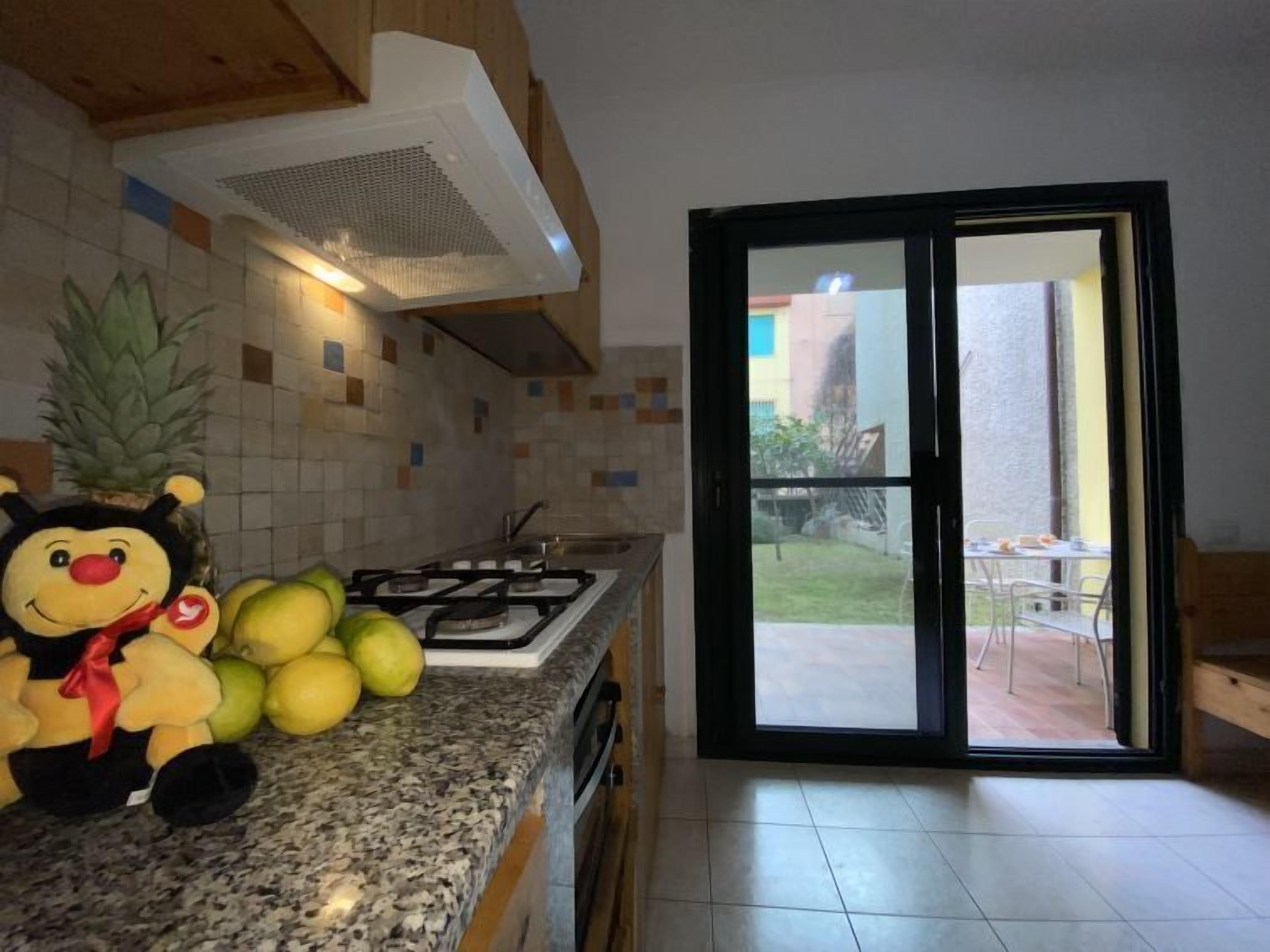 A kitchen with a gas stove, a pineapple, and a stuffed toy on the counter.