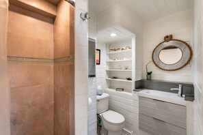 Shower, hair dryer, shampoo