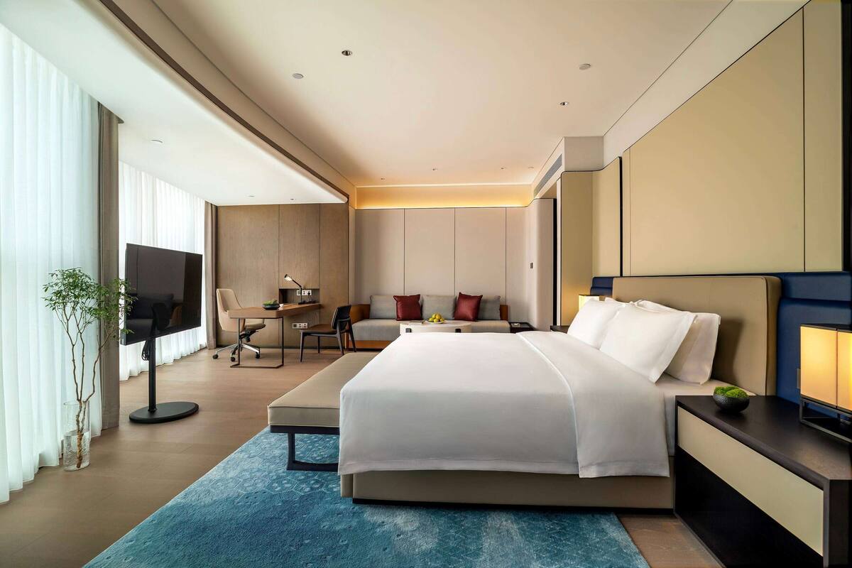Ein modernes Hotelzimmer mit einem großen Bett, einem Schreibtisch, einem Sessel, einem Fernseher und einer Pflanze.