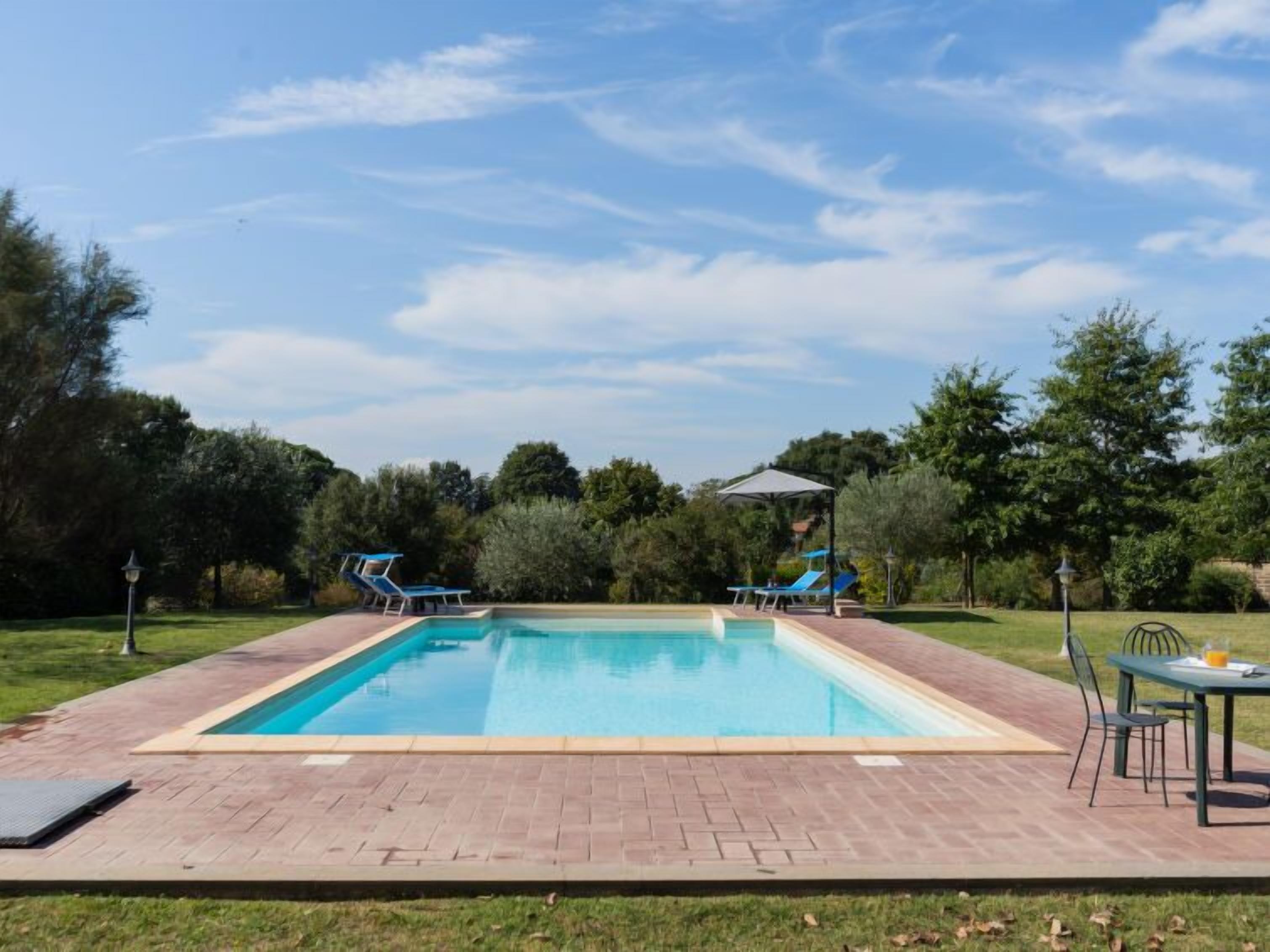 A rectangular swimming pool with a paved deck, surrounded by trees and a grassy area.