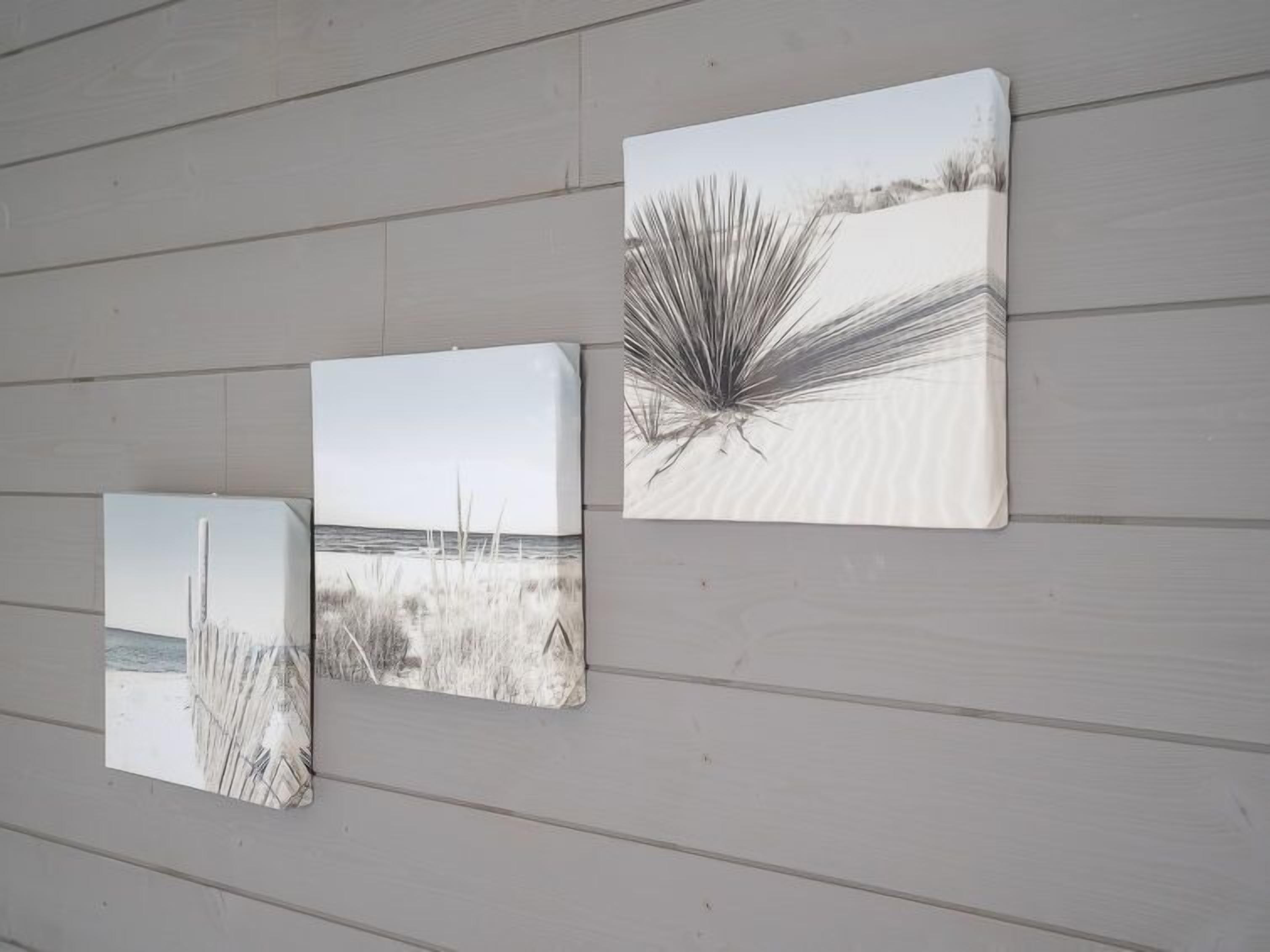 Tres obras de arte colgadas en la pared que muestran escenas de playa.