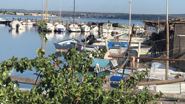 A marina with boats docked, a small building, and a clear sky. - SETE LA CABANE DU MARIN JULES (Sète)