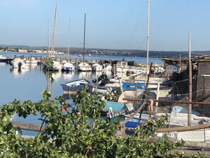 Un port esportiu amb embarcacions amarrades, un edifici petit i un cel serè.