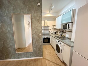 Fridge, microwave, coffee/tea maker, toaster