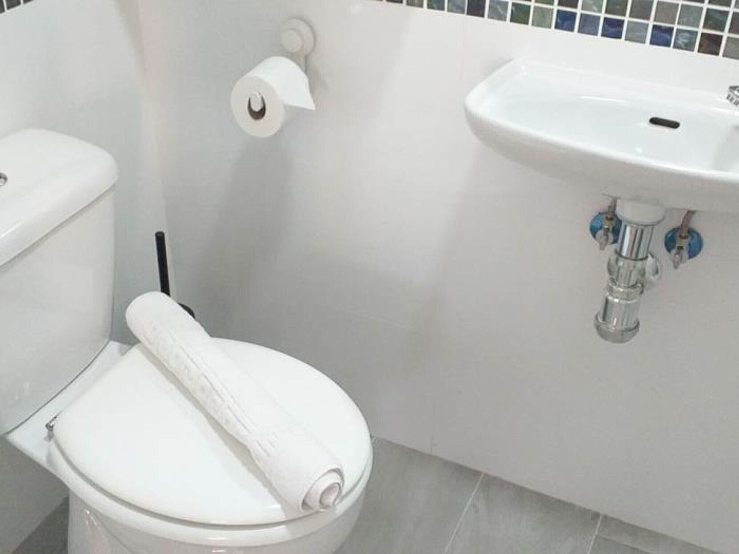 Un baño con inodoro, rollo de papel higiénico y lavamanos con grifo.