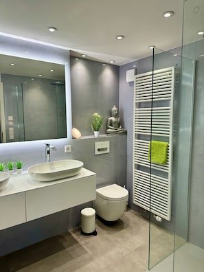 Shower, hair dryer, towels, soap