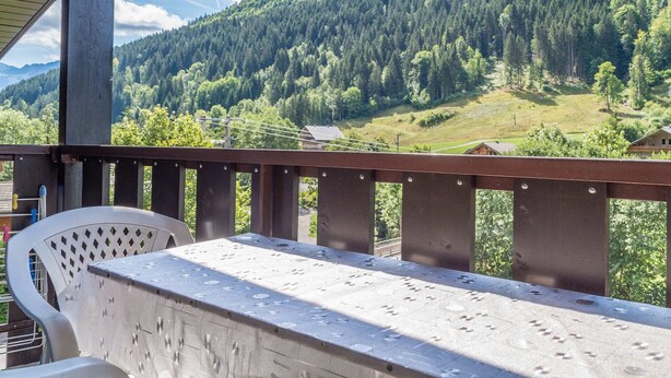 Ein Balkon mit Blick auf eine bewaldete Bergkette.