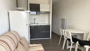 A compact living space with a kitchenette, a sofa, and a dining area.