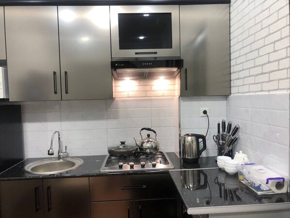 Frigorífico, microondas, horno y placa de cocina