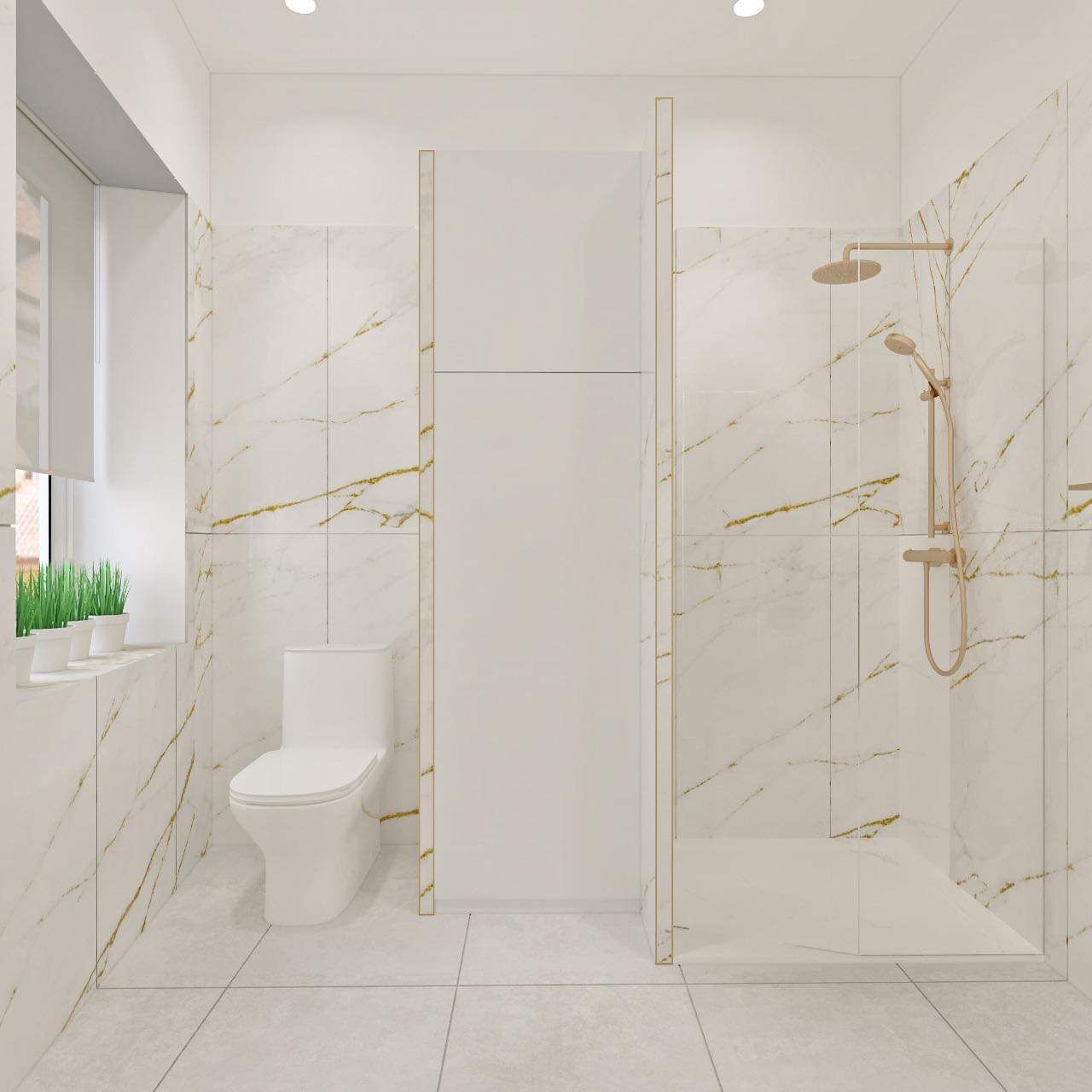 A modern bathroom with a glass-enclosed shower, a toilet, and a vanity with a mirror and potted plants.