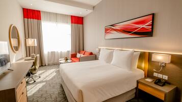 In-room safe, desk, laptop workspace, blackout curtains