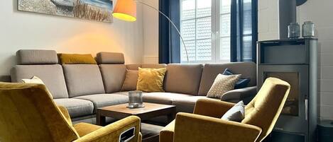 TV, fireplace, DVD player, books