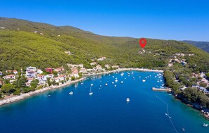 An aerial view of a coastal town with a marina, houses, and a forested hill.