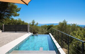 A swimming pool with a view of the sea and mountains, surrounded by trees and a fence.