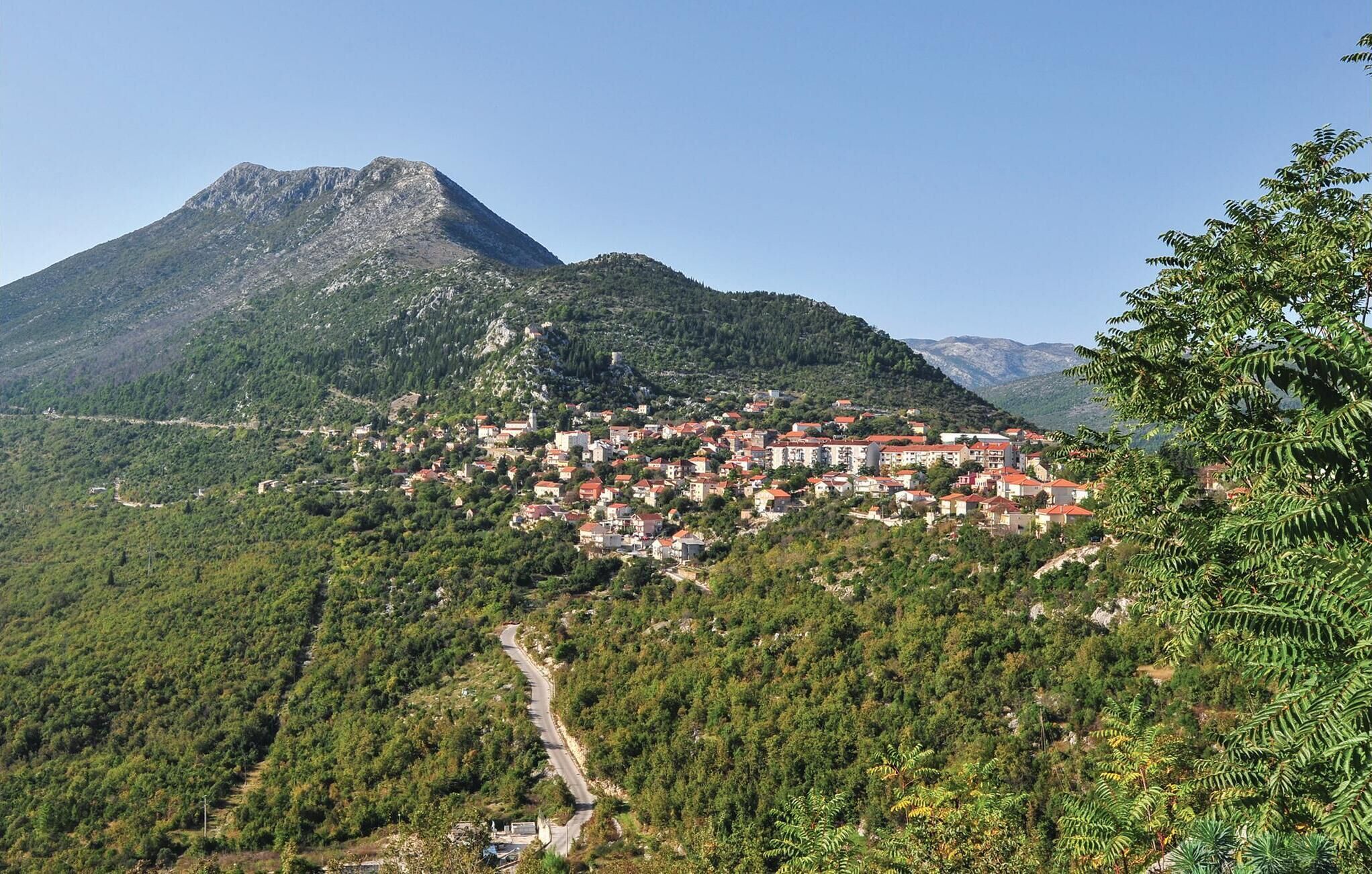 A town nestled in a valley with a prominent mountain in the background.