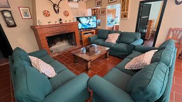 Una televisión, una chimenea, un reproductor de DVD