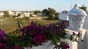 A rooftop with purple flowers, a white decorative object, and a view of buildings and trees.