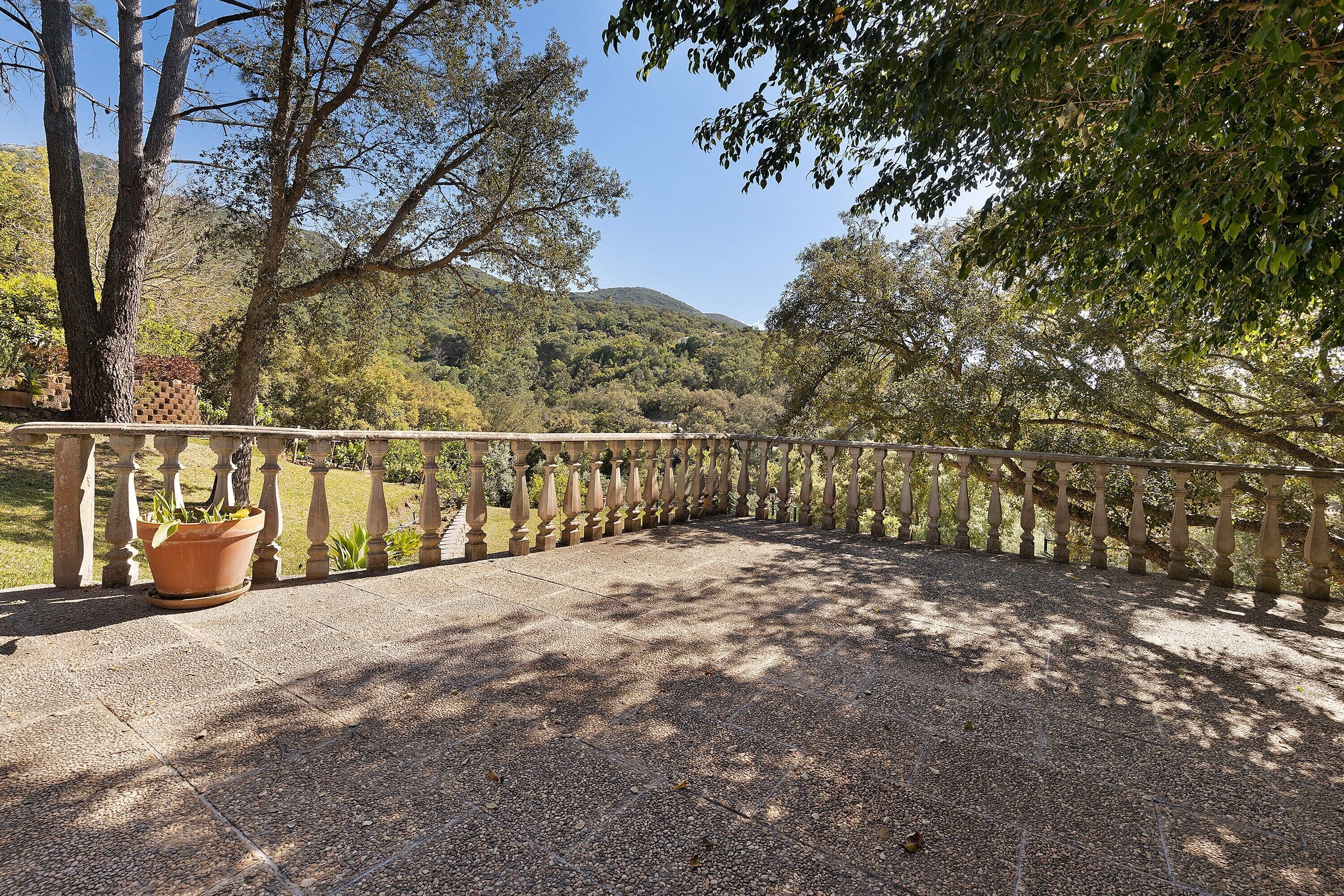 A paved pathway with a wooden railing, surrounded by trees and a mountainous backdrop.