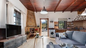 Ein Wohnzimmer mit Fernseher, einer Couch und einem Kamin.