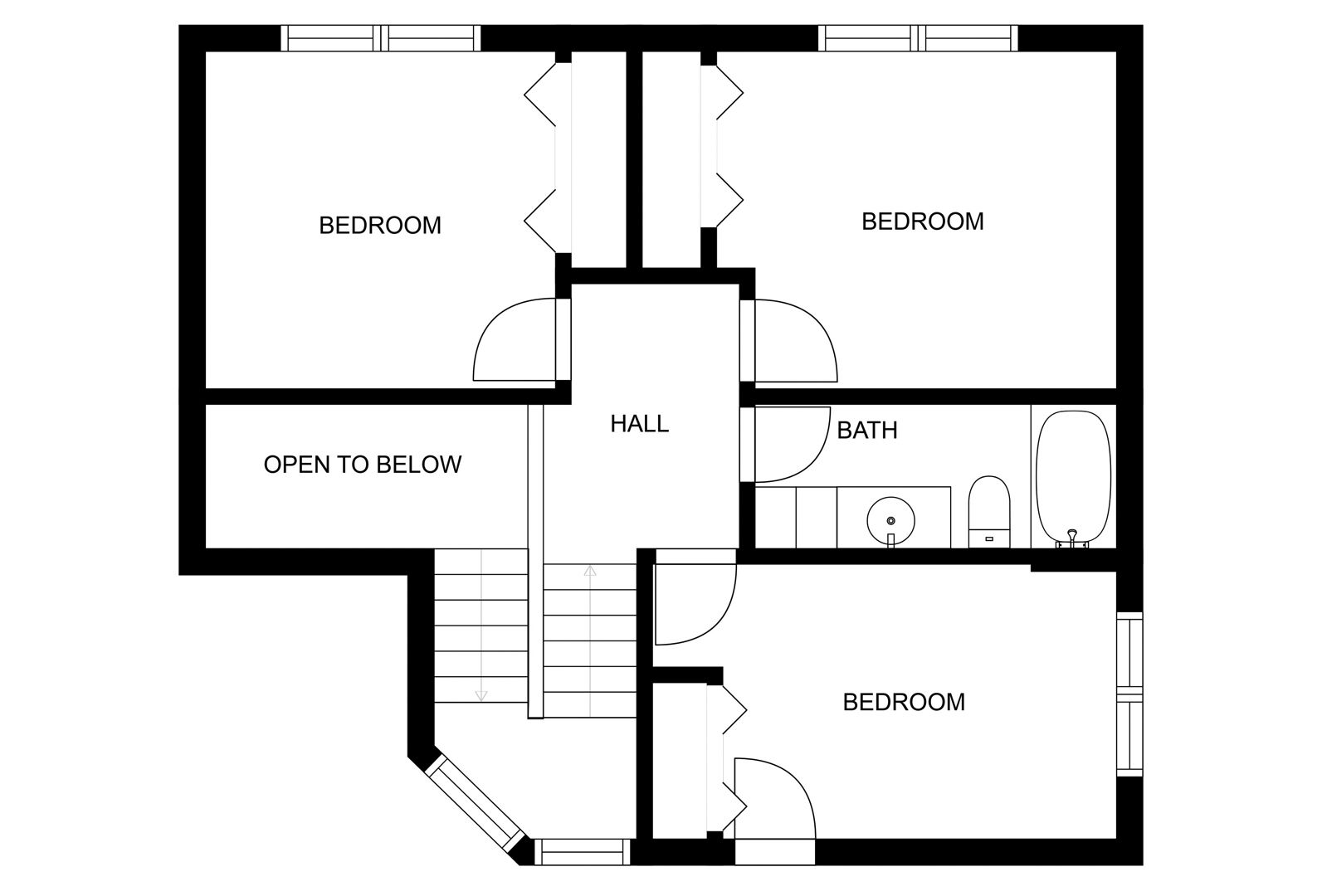 A floor plan with two bedrooms, a hall, a bathroom, and an open area leading to a basement.