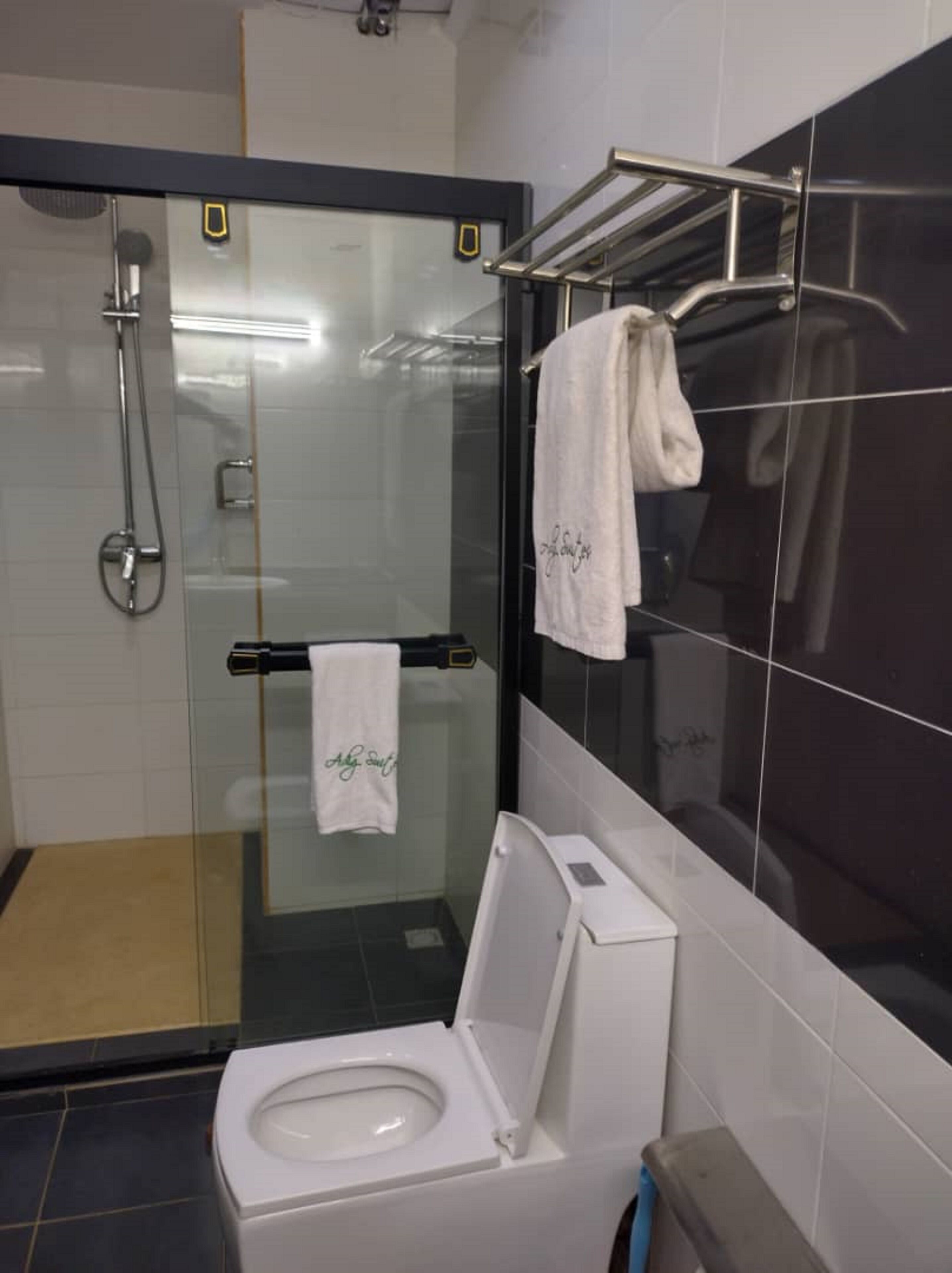 A modern bathroom with a glass shower enclosure, a white toilet, and a towel rack with two towels.