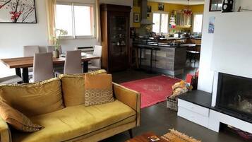 Smart TV, fireplace, DVD player, books