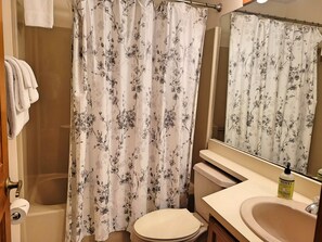 A bathroom with a shower curtain, toilet, sink, and a bottle of hand soap.
