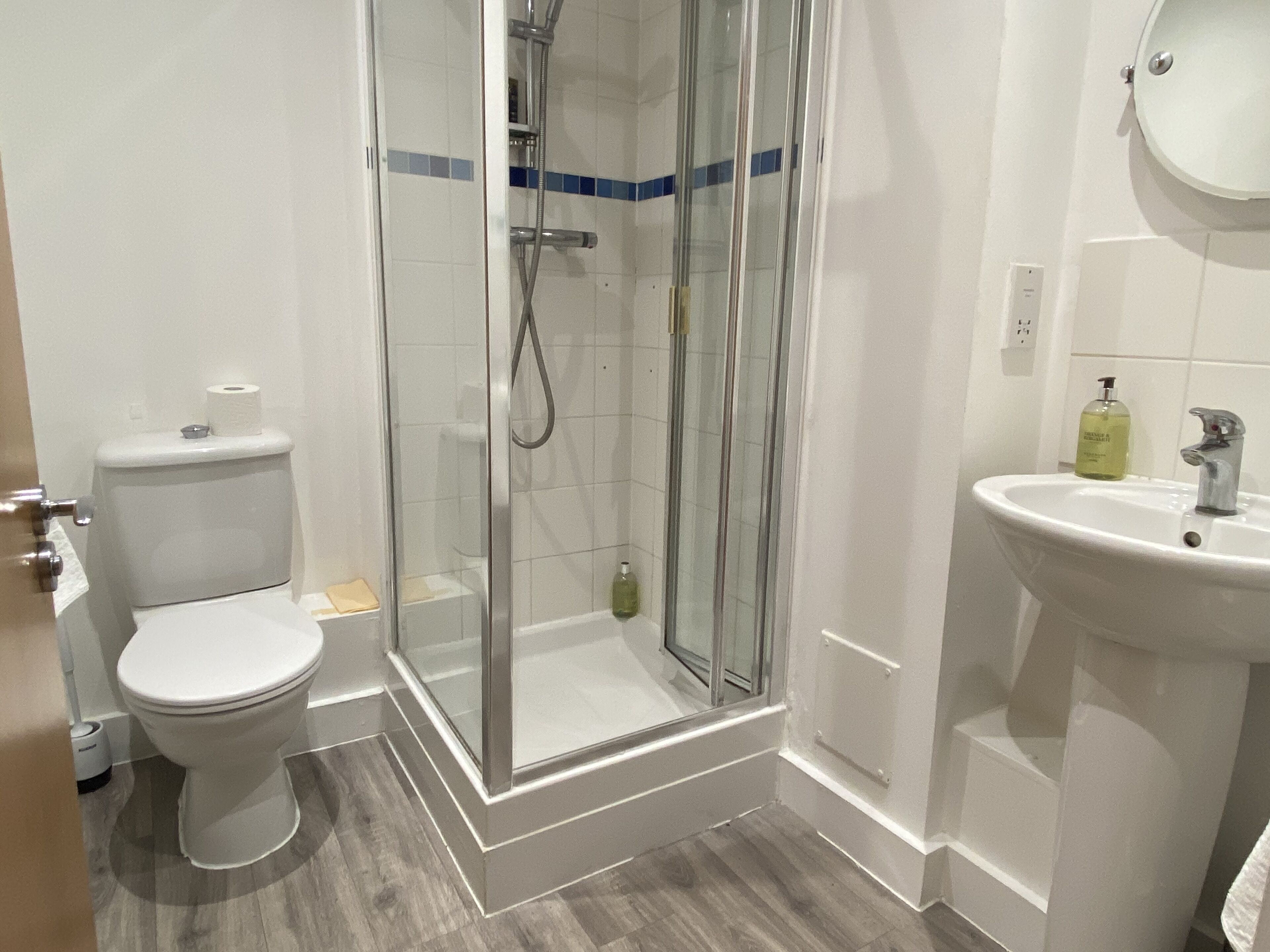 A modern bathroom with a glass-enclosed shower, a white toilet, and a sink with a mirror.