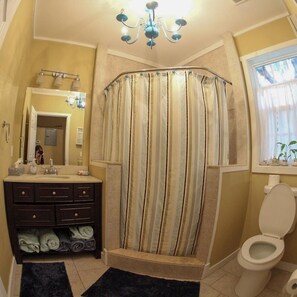 A bathroom with a shower curtain, a sink with a mirror, a toilet, and a chandelier. - Pet-friendly Cottage in the Trees - GREAT location! (Fernandina Beach)