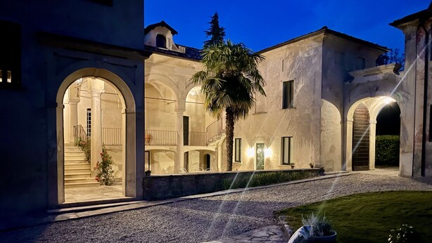 Un cortile con un vialetto in pietra, una palma e una fontana.