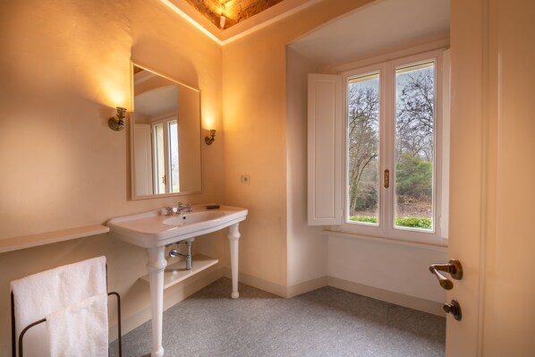 Een badkamer met een wastafel op een voetstuk, een grote spiegel en een raam met uitzicht op bomen.
