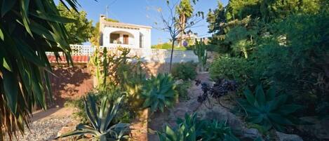 A garden with a white building, various plants, and a clear sky.