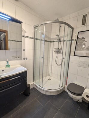 Dusche, Haartrockner, Handtücher, Seife