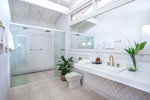 Suite Deluxe | Baño | Regadera, regadera tipo lluvia, amenidades de baño gratuitas 