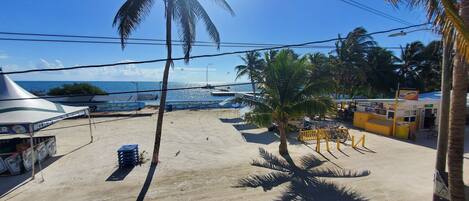 A beachside area with a sandy ground, palm trees, and a clear view of the sea.